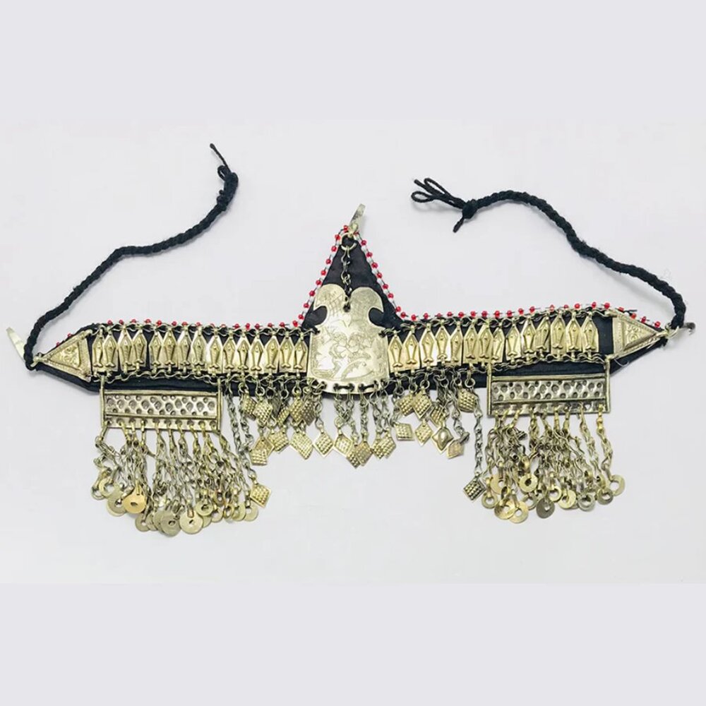 Vintage Turkmen Kuchi Headpiece: Handmade Tribal Mathpatti Hair Jewelry